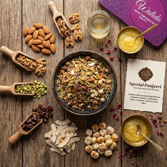 Assorted dry fruits and a bowl of Walida's Special Panjeeri on a wooden surface with a Waleta product box.