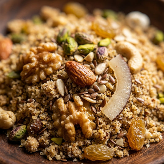 Walida's Special Panjeeri Close Up Nuts, seeds, and dried fruits on a wooden plate