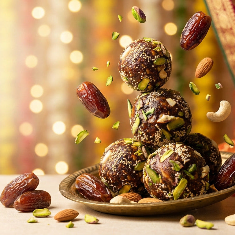 Assorted dry fruits including dates and cashews on a decorative plate with a festive background.