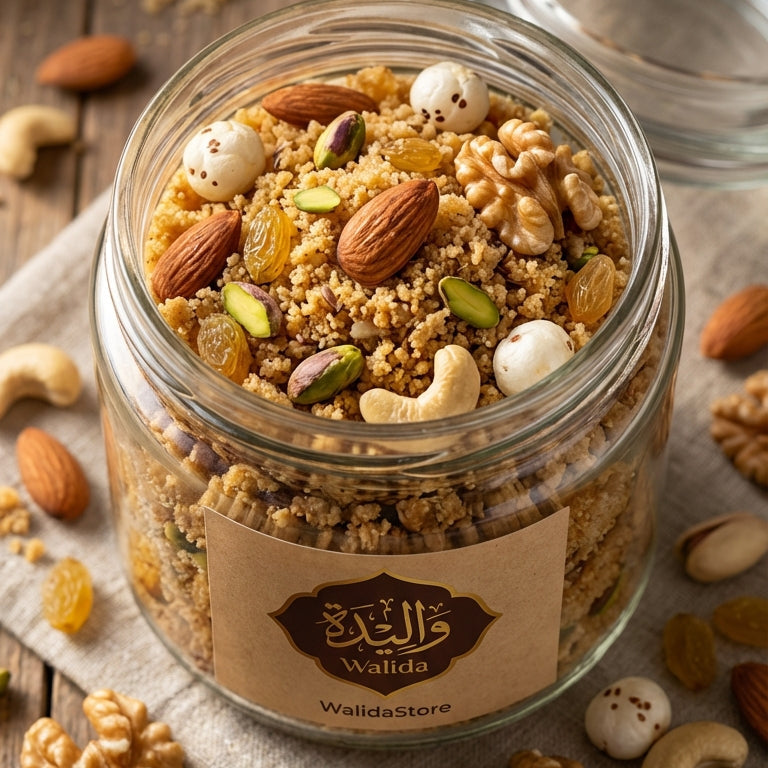 Glass jar of Walida's Panjeeri mixed nuts and seeds with a brand label on a wooden surface