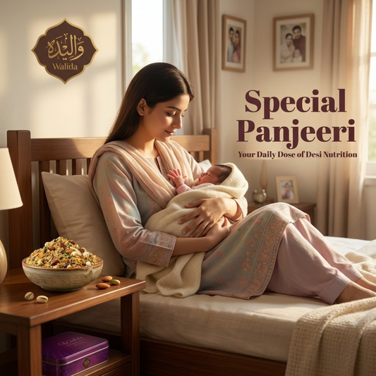 Woman holding a baby in a bedroom with Walida's Special Panjeeri branding.