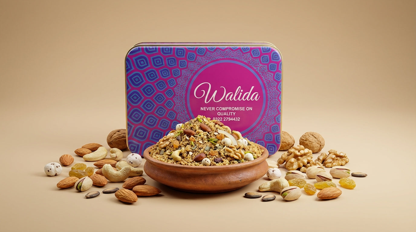 Special Panjeeri with Nuts in a bowl with a 'Walida' branded tin on a beige background